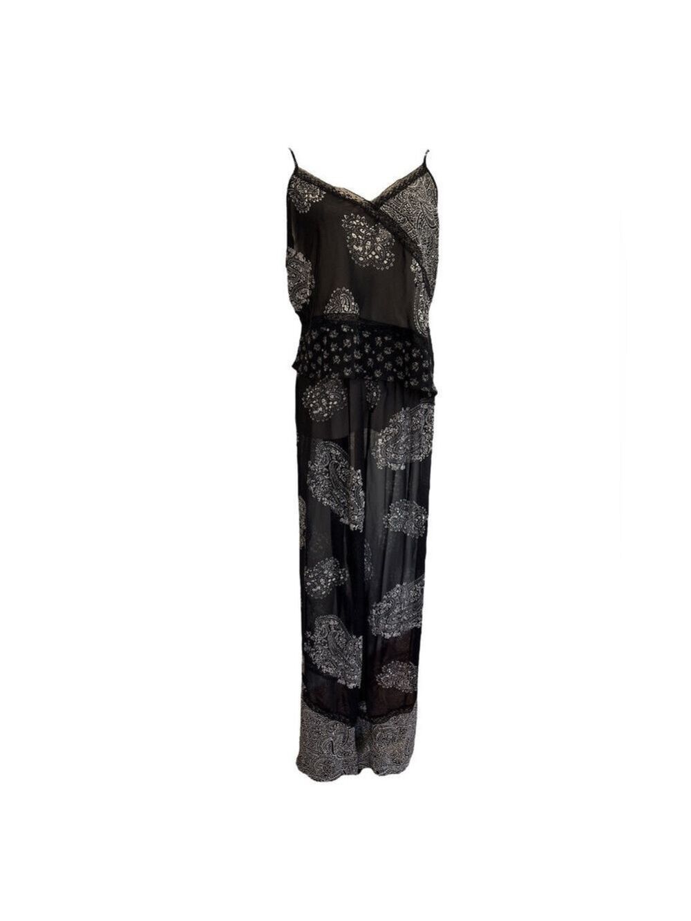 90s 2PC DELICATES BOHO SHEER BLK & CREAM PAISLEY CROP TOP & WIDE LEG PANT SZ XL - Picture 3 of 16